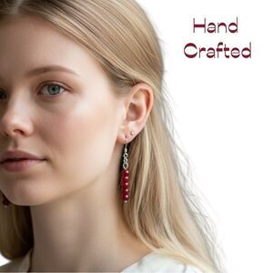Hand Crafted Red Crystal With Chain Earrings Set NWT